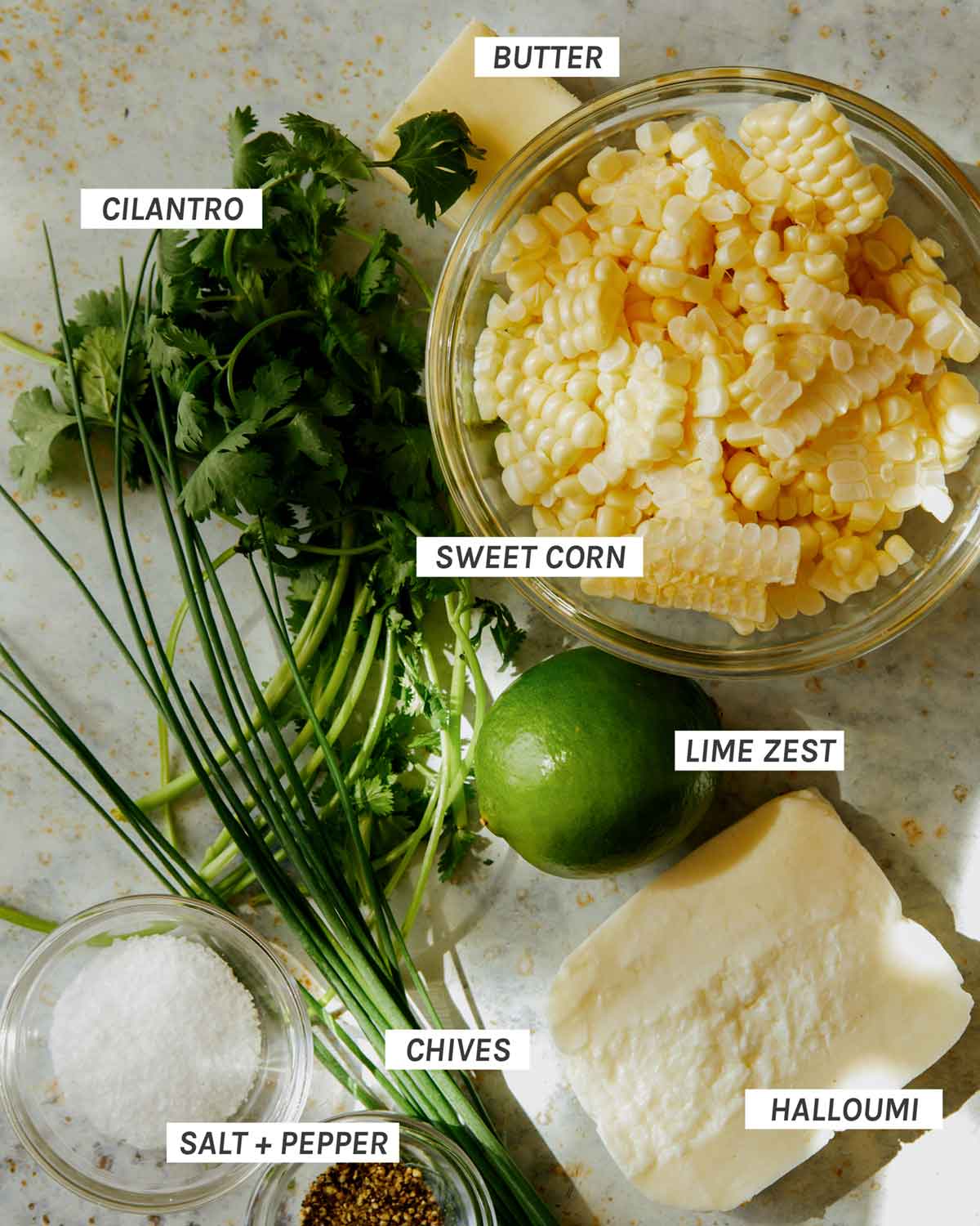 Ingredients to make Browned Butter and Halloumi Summer Corn Salad. 